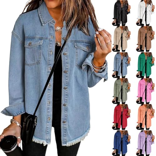 Women's Oversized Denim Jacket Boyfriend Button Down Frayed Hem Shacket Distressed Jean Jackets Fall Outfits4