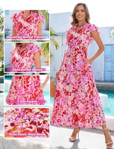 Kranda 2025 Women Summer Fall Self-tie V Neck High Waist Ruffle Cap Sleeve Flowy Tiered Long Floral Maxi Dress with Pockets4