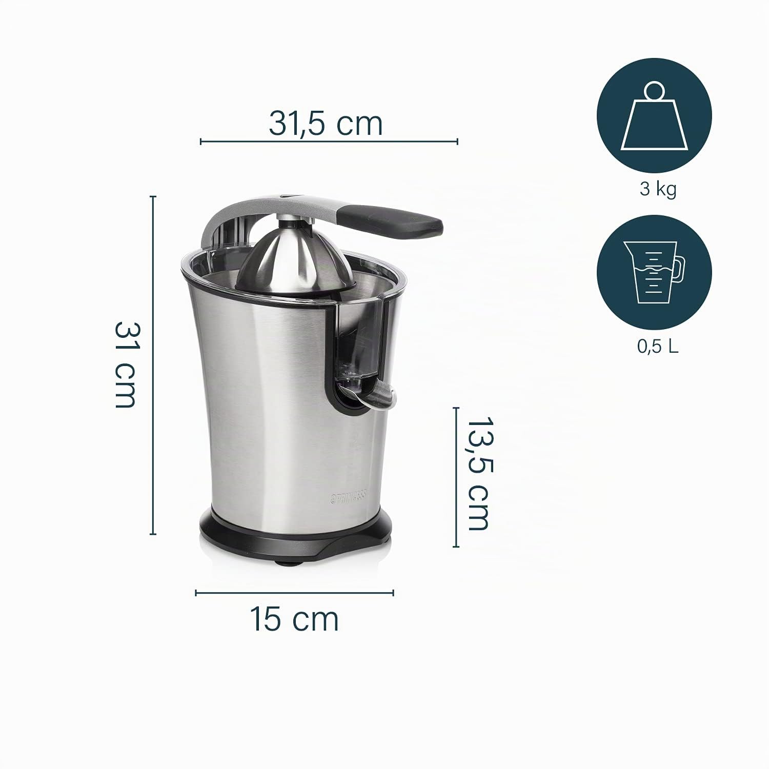 Princess Spremiagrumi Master Pro – Cono spremitore in acciaio inox – 300 W – Filtro polpa inox – Braccio a leva professionale – Serbatoio con sistema antigoccia – 201860