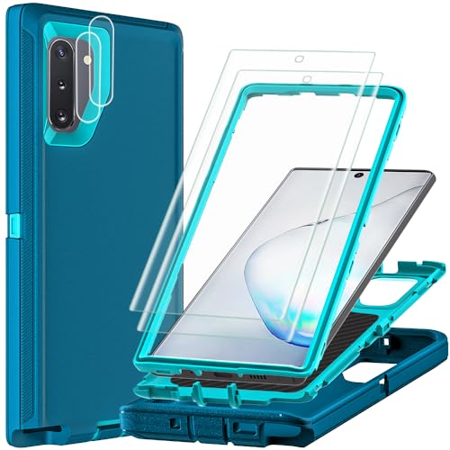 TFDSEUGH for Samsung Galaxy Note 10 Case with 2Pcs Self Healing Flexible TPU Screen Protector & Camera Lens Protector, 3 in 1 Heavy Duty Shockproof/Drop Proof/Dust Proof Case (Blue/Turquoise)