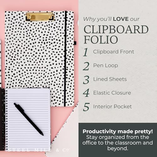 steel mill amp co cute clipboard folio with refillable lined notepad and interior storage pocket black and white padfolio for work black dots