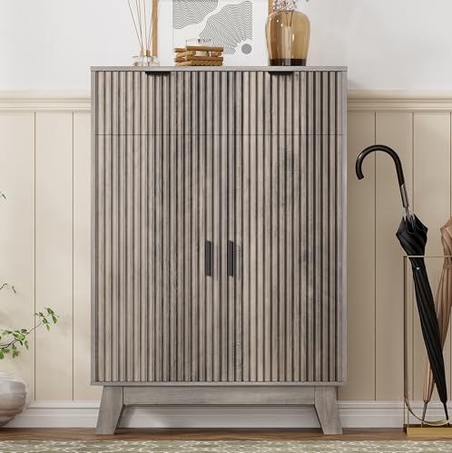 Image of HUANLEGO Shoe Cabinet Storage for Entryway, 4 Tier Fluted Shoe Storage Cabinet with 2 Drawers, Narrow Hidden Shoe Organizer with Adjustable Shelves, Freestanding Shoe Rack for Entryway, Hallway, Grey