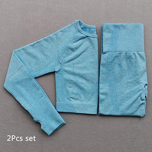 Abok Women Vital Long Sleeve Yoga Set Gym Workout Clothes Fitness Crop Top + High Waist Energy Seamless Leggings,Light Blue 2pcs Set,L