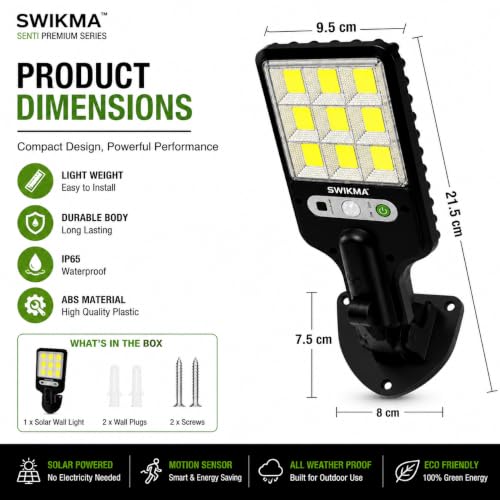 Image of SENTI 180W 10000LM Premium Solar Motion Sensor Wall Light | Outdoor Waterproof LED Light | Auto On /Off | IP65 Wireless Security Light for Garden, Gate, Balcony, Terrace & Pathway