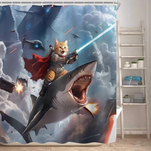 Image of Funny Shower Curtain, Hilarious Cool Cat Riding Shark Ocean Wave Shower Curtains for Bathroom, Funny Kids Boy Fabric Bathroom Accessories Decor Curtain, with Hooks 72x84 Inch