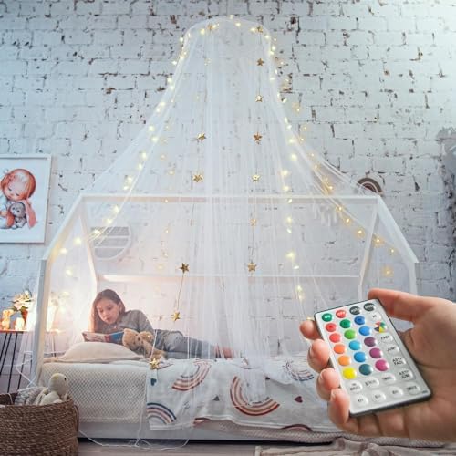 White Princess Bed Canopy with Fairy Lights - Single, Twin, Full, Queen
