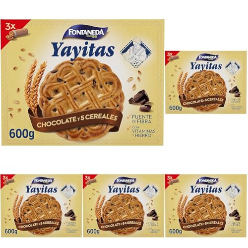 Fontaneda Yayitas Galletas de 5 Cereales con Pepitas de Chocolate enriquecidas con Vitamina B1, B2, B3, B5, B6 y Hierro, 600 g (Paquete de 5)