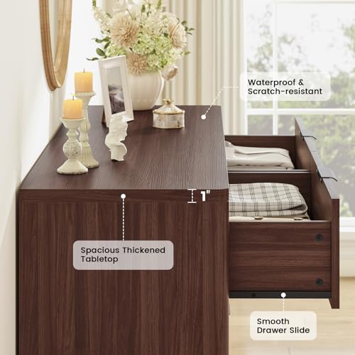 Image of Fluted 6 Drawer Dresser for Bedroom, 48'' Wide Wooden Chest of Drawers with Metal Handles, Modern Dresser TV Stand, Wood Clothing Storage Organizer for Bedroom, Living Room, Walnut