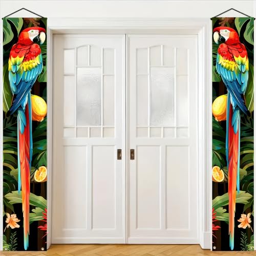 Image of BlissYard 2pcs Summer Door Banner Hawaiian Parrot Porch Sign Banner Tropical Floral Colorful Parrot Wall Hanging Banners for Outdoor Summer Tiki Bar Decor Party Supplies