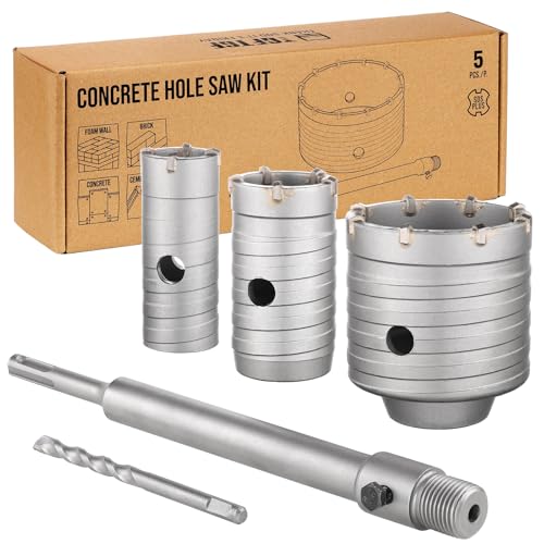 TGFTGF 5PCS Concrete Hole Saw Kit, 30/40/65mm Tungsten Carbide Masonry Hole Saw Kit with 250mm SDS Plus Bit Shank Drill Bit Sets for Concrete, Brick, Stone, Cement, Tile, Wall Drilling