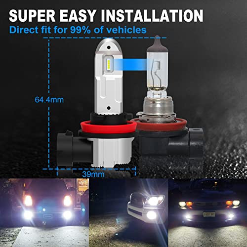 Kimlatar H11/H8/H16 Led Fog Light Bulbs, 8000 Lumens 6500K Cool White H11 Led Fog Light, H11 Led 400% Brightness Led Fog Light Assemblies, Car H11 Fog Lamps Replacement (Pack Of 2) #TOP4