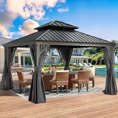 ABCCANOPY Hardtop Gazebo 12x12 - Outdoor Metal Hard Top Gazebo, Permanent Galvanized Steel Aluminum Framed Pavilion with Netting and Curtain for Patio Backyard Lawn Garden (Double Roof, Gray)