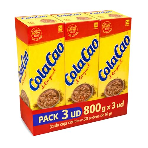ColaCao Original en sobres, Cacao soluble, Cacao Natural y sin Aditivos, ideal para desayunos y meriendas, Sin tratamientos químicos ni aditivos, Contiene gluten, Pack 3 paquetes de 50 Sobres de 16 g