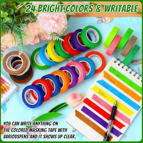 Image of 24 Rolls Colored Masking Tape Bulk for Art, 0.6 inch x 360 Yards for Crafts, Labeling, DIY Decorative, colored painters tape, Rainbow Colors Tape for General Use Projects, Easy Tear No Residue
