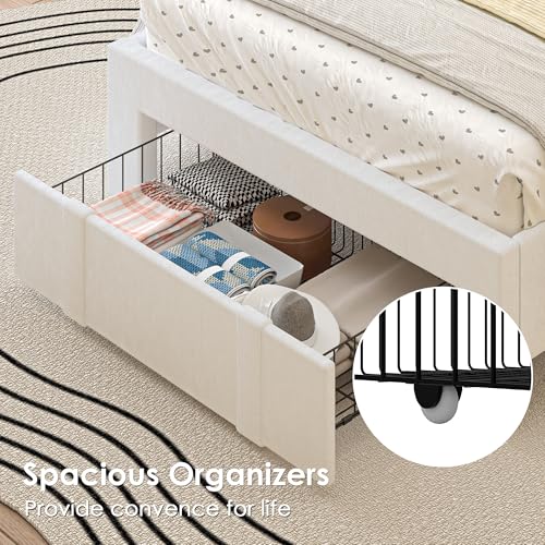 Image of VECELO Twin Size Upholstered Bed Frame with Storage Drawer, Adjustable Velvet Rivet Decor Headboard, Wooden Slats Platform Support, No Box Spring Needed, Easy Assembly,White