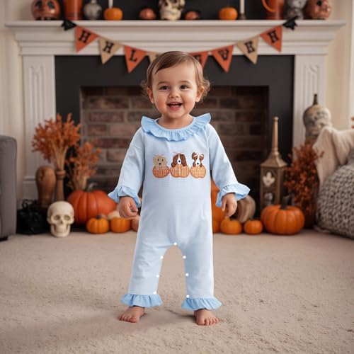 GOOCHEER Newborn Baby Girl Halloween Outfit Pumpkin Dog Romper Striped Ruffle Long Sleeve Bodysuit Jumpsuit Clothes3