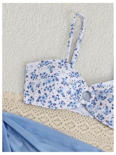 SHENHE Girl's Floral Swimsuits 3 Piece Bathing Suits O Ring Bikini Set with Sarong Coverups3