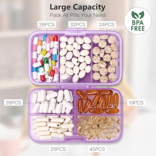 Image of FYY Weekly Pill Organizer with Labels,8 Compartments Travel Daily Pill Case Airtight Moistureproof Large Pill Box to Hold Vitamins, Fish Oil, Supplements,Cotton Swab and Bandages-Purple