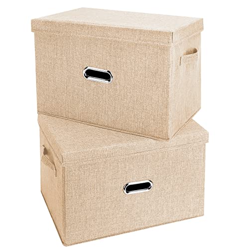 Image of Large Linen Fabric Foldable Storage Bins with Removable Lid and Handles, Washable Storage Box Organizer Containers Baskets Cube with Cover for Bedroom,Office (Khaki, Extra Large(2-Pack))