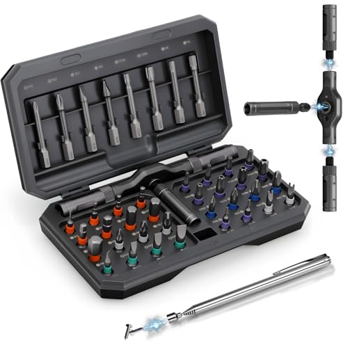 KLUCZ Magnetic Screwdriver Set 42 in 1 T Handle Ratchet Screwdriver with S2 Steel Multi Bits Portable Compact Repair Tool Kit with a Magnetic Pickup Tool for DIY Furniture Home Daily Repair (Grey)