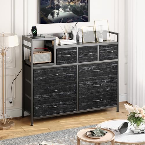Jojoka TV Stand with Charging Station, Bedroom Dresser for Living Room TV Stand with 9 Drawers,(Black Willow)