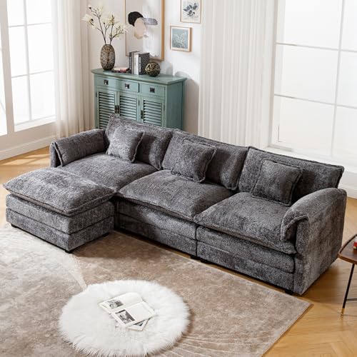 GNIXUU 112' Oversized Sectional Sofa Cloud Couch for Living Room, Modern Chenille L Shaped Couch, Comfy Boucle Modular Sofa Sleeper with Moveable Ottoman & Memory Foam(Gray)