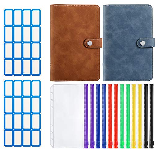 2 Pieces 6-Ring Binder Notebook, A6 PU Leather Loose-Leaf Folder Binder Cover with 12 Pieces Binder Pockets Multicolor A6 Binder Envelopes,2 Sheets Self-Adhesive Labels, Brown and Blue