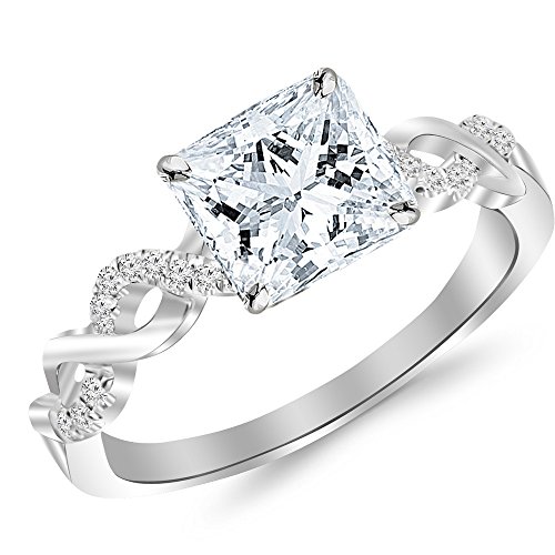14K White Gold 2.13 Carat LAB GROWN IGI CERTIFIED DIAMOND Twisting Infinity Gold and Diamond Split Shank Pave Set Princess Cut Diamond Engagement Ring (E-F Color VS2-SI1 Clarity 2 Ct Center)