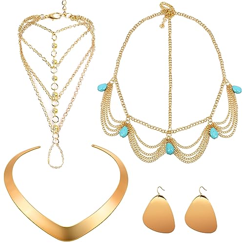 Princess Jasmine Costume Accessories Gold Choker Necklace Earring Tassel Bracelet Head Chain Halloween Arabian Princess Jasmine Jewelry Set for Women