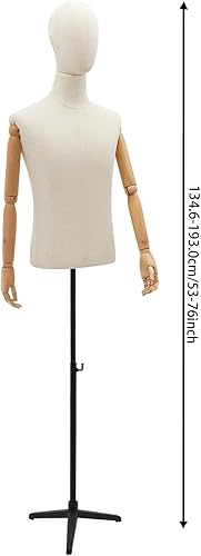 Miniatura 3 de Maniquí masculino Torso Forma de maniquí cuerpo de maniquí con brazos de madera 53-76 pulgadas de altura ajustable con trípode soporte de metal para