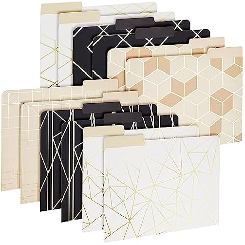 Paper Junkie 12 Pack Decorative File Folders with Geometric Gold Foil, 1/3 Cut Tab, Letter Sized for Office Supplies (9.5 x 11.5 in) - File Folders Decorative Gold - Gold File Folders Cover