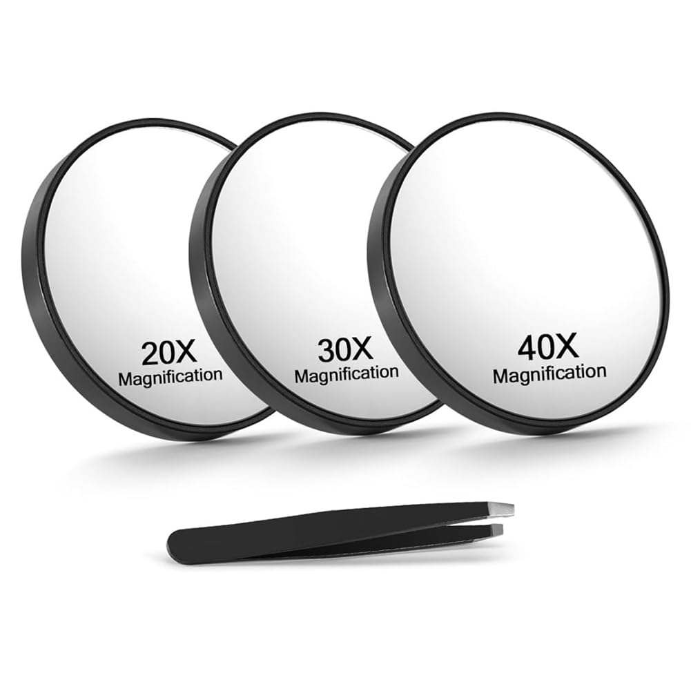 Aundhegrtt 20X/30X/40X Magnifying Mirros with Suction Cups and Tweezers Set Travel Magnified Makeup Mirror Eyebrow Grooming