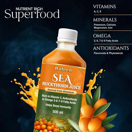 Image of Baleen Sea Buckthorn Juice 500ml (Pack of 2) | Himalayan Sea Buckthorn Berry Juice With Omega 3 6 9 & 7 Fatty Acids | Pure Seabuckthorn Pulp Juice with Vitamin C Antioxidants