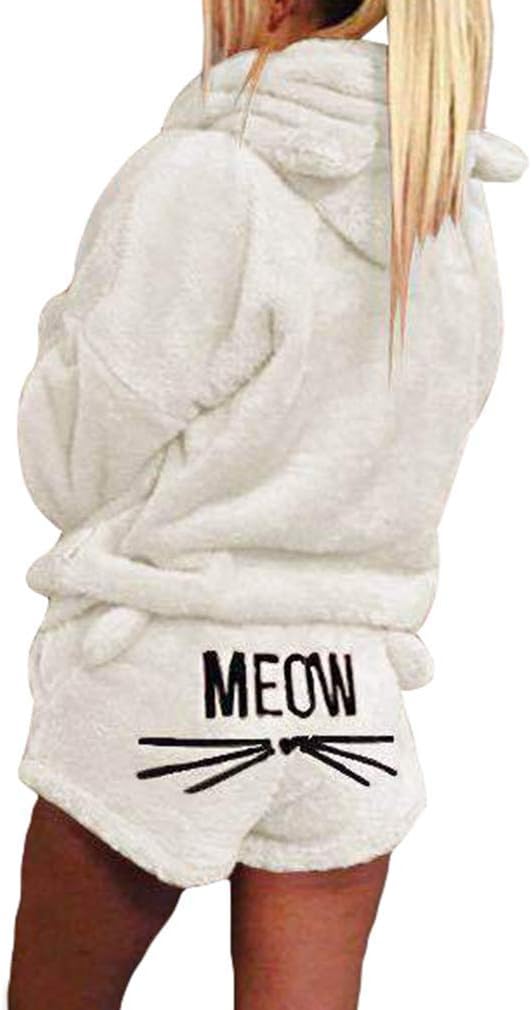 OranDesigne Women's Pajamas Warm Winter Set 2 Pieces Cute Cat Hoodie Sweatshirt + Shorts Sleepwear Set