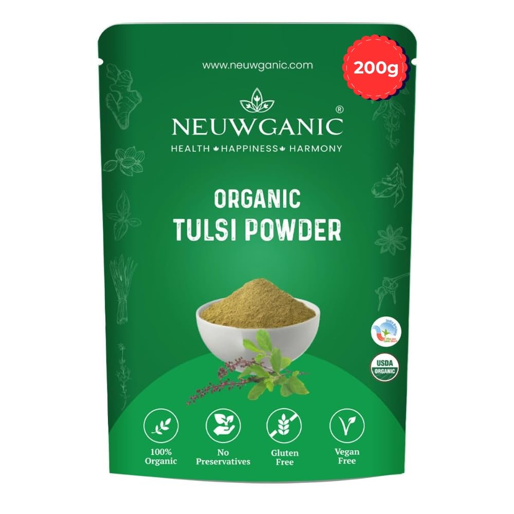 Neuwganic - Organic Tulsi Powder - Holy Basil Powder - India Organic and Usda Certified - Ideal for Making Kadha, Tea & Chutney - 200 Gm Pack Of 1