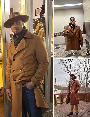 Springrain Men's Pea Coat Double Breasted Overcoat Lapel Coat Classic Long Trench Coat2