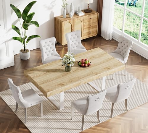 Image of Oak Dining Room Table Set for 6, 7-Piece 63 inch-78.74 inch Extendable Dining Table Set with 6 Upholstered Chairs, Rectangle Wooden Expanding Kitchen Table and Beige Chairs Set