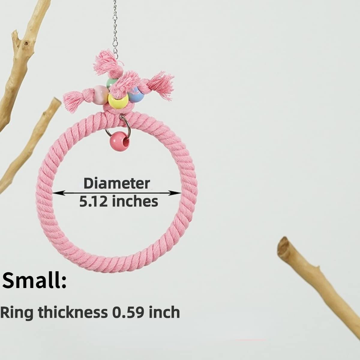 Barn Eleven Bird Swing, Cage Hanging Toys Cotton Rope Swing Bite Resistance Perches Toy Parrot Toy Boredom Breaker for Budgie, Cockatiels, Conures, Finches, Small Parakeets (Small,Pink)