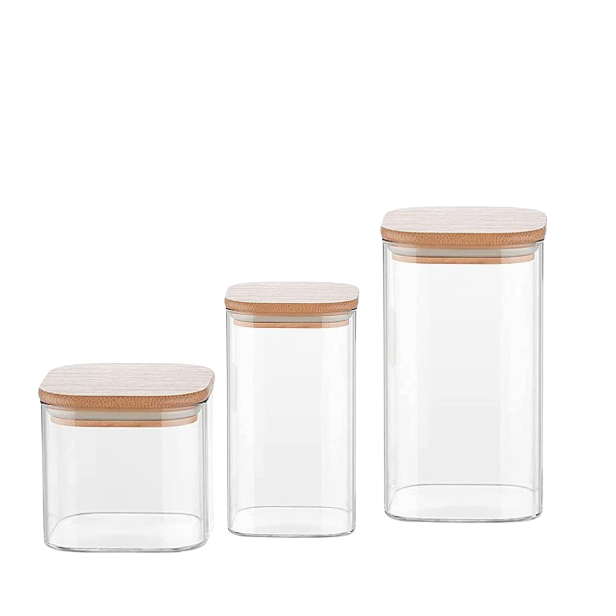 Femora Borosilicate Square Jar with Bamboo Lid, Set of 3 (450 ml, 700 ml, 1000 ml)