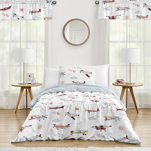 Image of Sweet Jojo Designs 2-Piece Twin Comforter Set (Red Vintage Airplane) for Boys, Children, Kids Bedding, Bed in a Bag incl. Blanket & Pillow Sham (Airplanes, Transportation, Clouds, Sun, Sky, Blue)