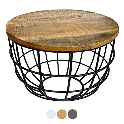 kreatives Wohnen Couchtisch Wohnzimmer-Tisch rund Beistelltisch Lexington ø 55 cm Metall Drahtgestell Gitter massiv Tabacco, Holz, Extra breit