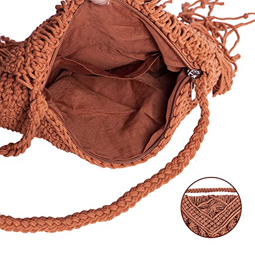 Womens Cotton Crochet Fringe Crossbody Shoulder Bag Bohemian Summer Beach Purse Handwoven Straw Bag (Reddish Orange)3