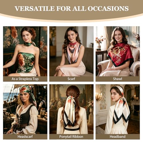 Image of DRESHOW 35 inch Large Square Satin Head Scarf - 4Pcs Silk Accessories Classic Patterned Squares Beach Bandanas for Women