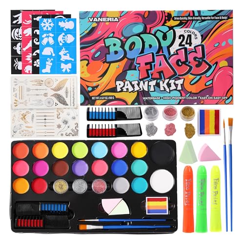 Vaneria 24 Colours Body & Face Paint Set - Quick-Drying,Water-Based Formula with Fluorescent Pens,Hair Coloring Combs,Glitter,Stencils & Brushes for Halloween, Party, Cosplay