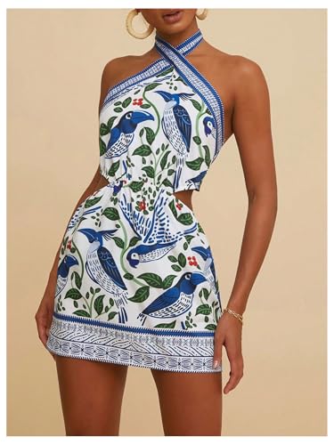 MakeMeChic Women's Chiffon Printed Halter Dress Tie Backless Criss Cross Cut Out Summer Mini Dresses4