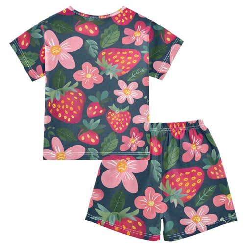 ALAZA Cartoon Strawberry Blossom Leaf Pajamas Short Sleeve 2 Piece Sleepwear Top and Bottom Pajama Set Unisex2