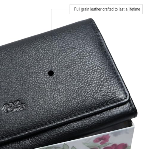 Image of Women's Top Grain Leather Wallet, RFID Blocking Bifold clutch, 17 Card Slots, Zip Pocket Organizer, Elegant Gift for Women - Birthday, Valentine, Anniversary - BLACK
