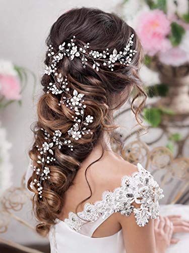 Barogirl Bride Wedding Headband Flower Hair Vine Crystal Bridal Hair Accessories for Women (Silver)