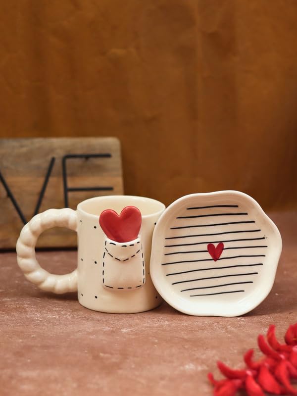 Image of WEAVING HOMES Handcrafted Ceramic Coffee Mug & Dessert Plate to Gift to Best Friend and Love Microwave Safe (Set of 2 - Love Letter Mug 280ml & Striped Heart Dessert Plate, Multicolor)