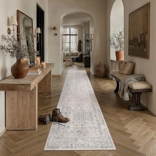 Gray Runner Rug 2x10 Hallway Machine Washable Kitchen Vintage Distressed Non Slip Long Carpet Indoor Grey Retro Floral Bedroom Accent Throw Rug for Ba